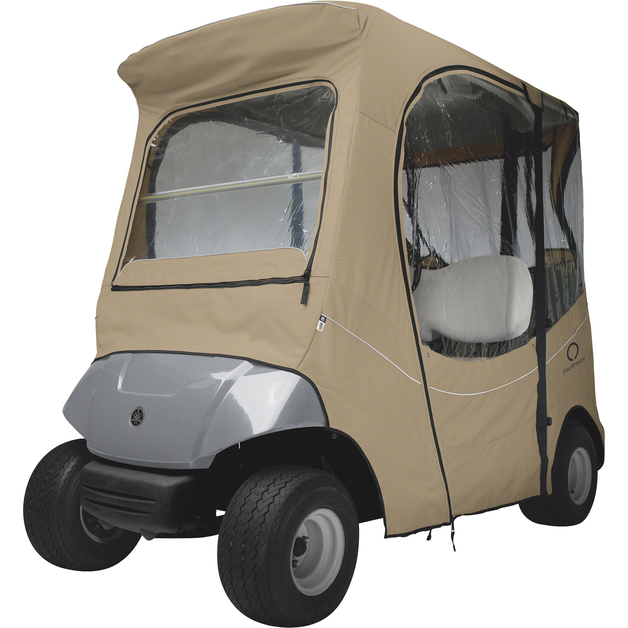Classic Accessories Fairway FadeSafe Drive by Yamaha Golf Cart Enclosure, Short Roof, Fits Drive by Yamaha, 2-Person, Light Khaki, Model# 40-056-335801-00